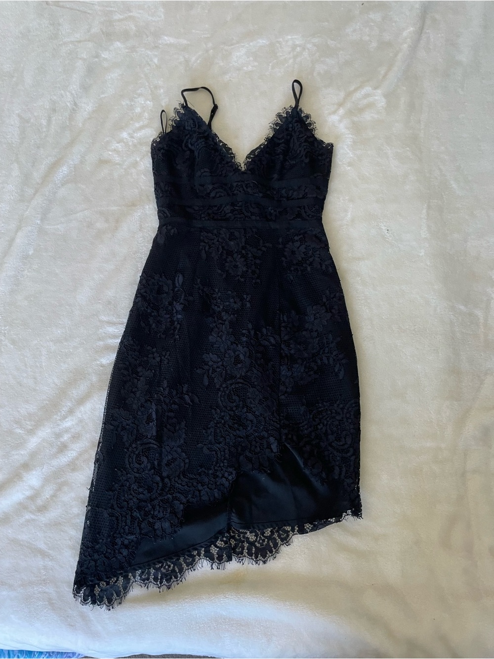 NBD Black Asymmetrical Lace Slip Dress